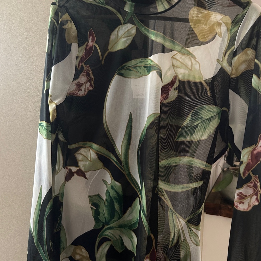 White House Black Market Black Sheer Floral Print Tunic